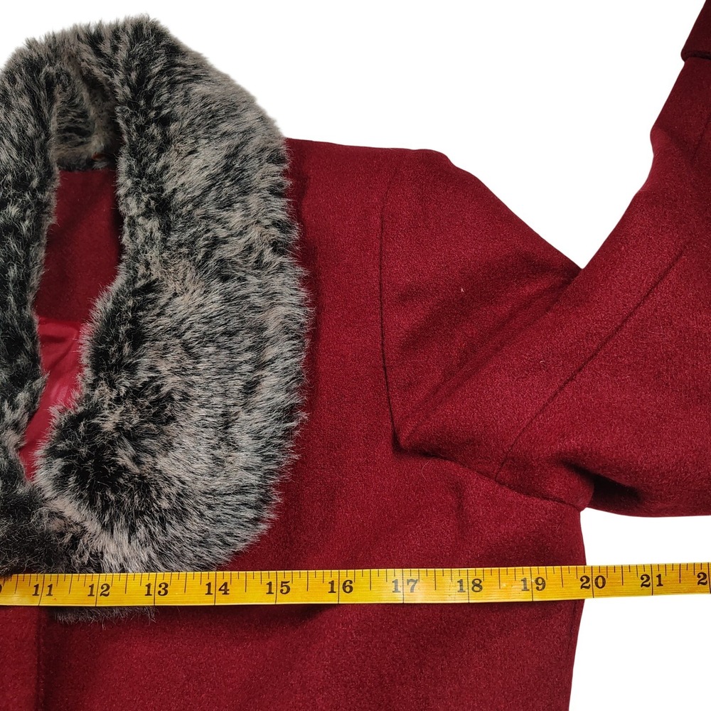 DTSARF Womens Red Wool Blend Belted Trench Coat Faux Fur Collar Burgundy 9400863 - Picture 3 of 11